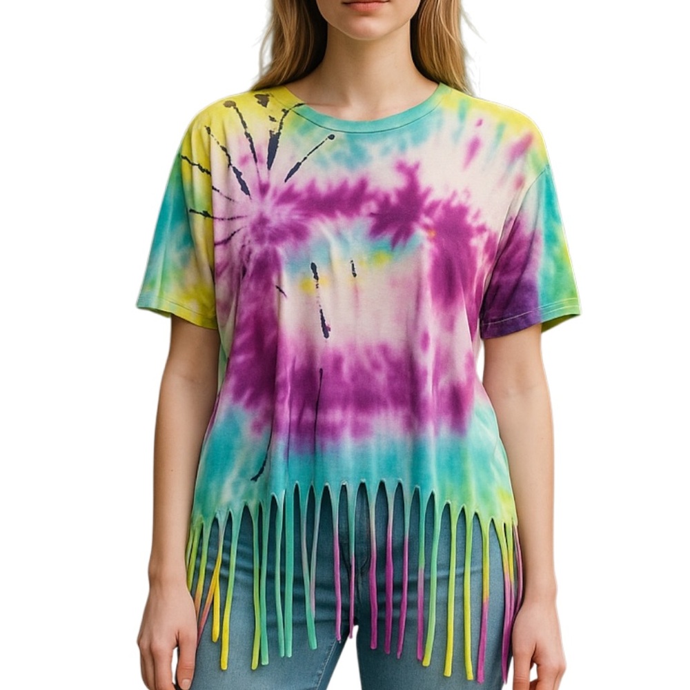 HANDCRAFTED TIE DYE T SHIRT Colorful Fringed Hem & Sleeves Upcycled Y2K Size L